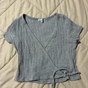Fashion Nova Heather Gray Ribbed Wrap Blouse